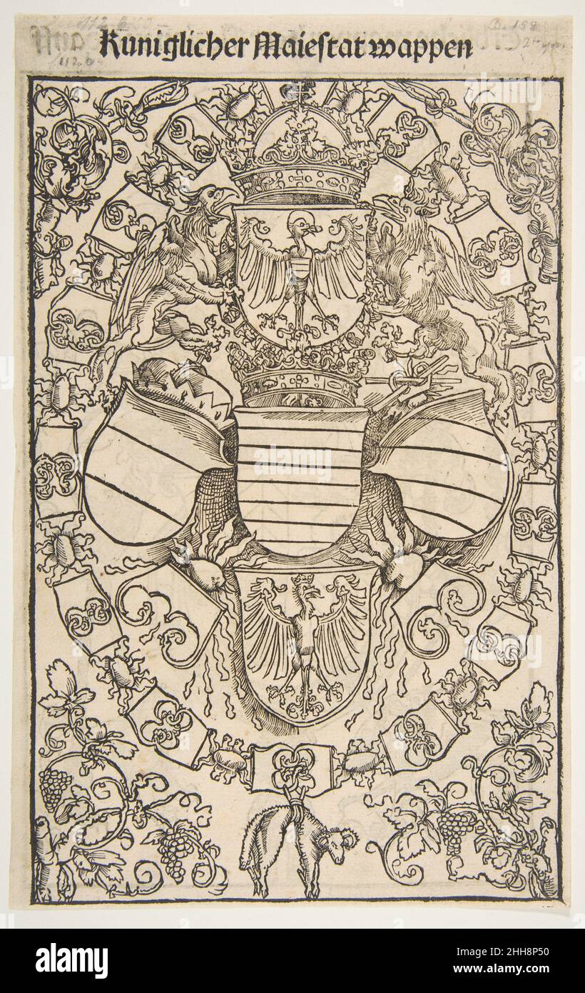 Recto: Coat of Arms of Maximilian I as King of the Romans; verso: Coat of Arms of Florian Waldauf von Waldenstein, from The Revelations of Saint Bridget 1502 Dürer-School Though often included among autograph works by Dürer, this woodcut is generally considered to be by someone in his workshop. Most recently Schoch, Mende and Scherbaum have suggested an attribution to the Meister der Celtis-Illustrationen. The coat of arms of Florian Waldauf von Waldenstein on the verso is by another hand.. Recto: Coat of Arms of Maximilian I as King of the Romans; verso: Coat of Arms of Florian Waldauf von Wa Stock Photo