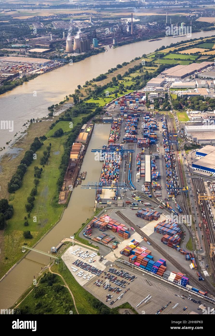 Aerial photograph, Flood River Rhine, logport I, Logistics Terminal, Container Port, Automobile Logistics, Wanheimerort, Duisburg, Ruhr Area, North Rh Stock Photo