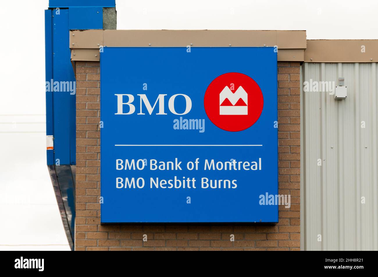 BMO Bank of Montreal sign on a building in Gander, Newfoundland, Canada. Stock Photo