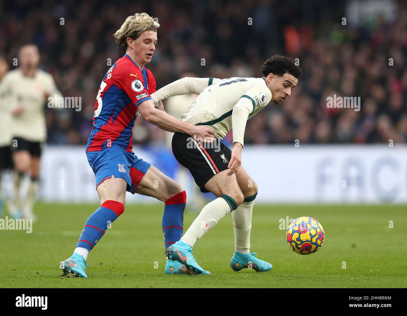 London, UK. 23rd Jan, 2022. Conor Gallagher of Crystal Palace and Curtis  Jones of Liverpool challenge for the ball during the Premier League match  at Selhurst Park, London. Picture credit should read: