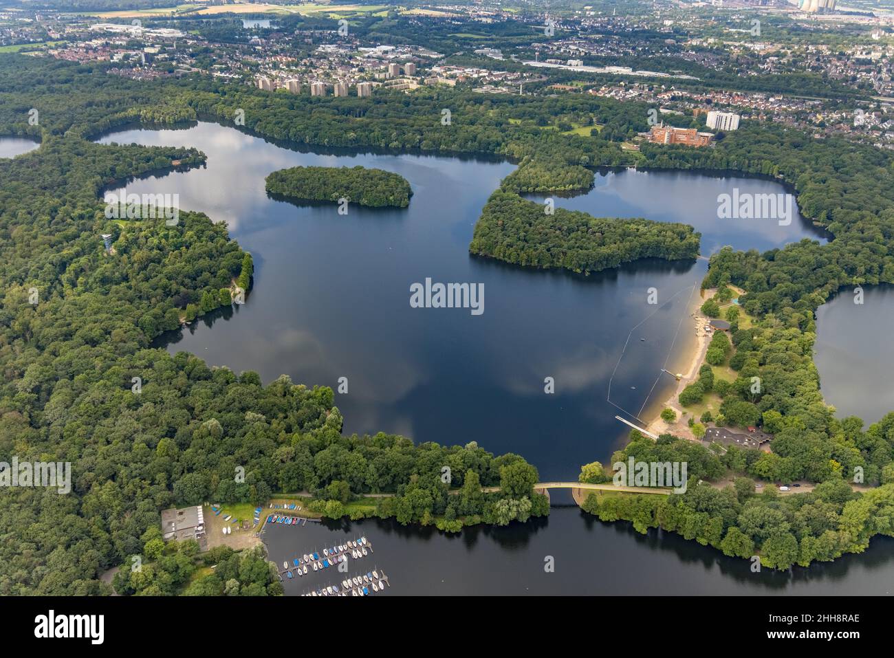Aerial view, 6-lake plateau, Wolfssee and Yellow Bridge, Wedau, Duisburg, Ruhr area, North Rhine-Westphalia, Germany, DE, Europe, aerial photograph, a Stock Photo