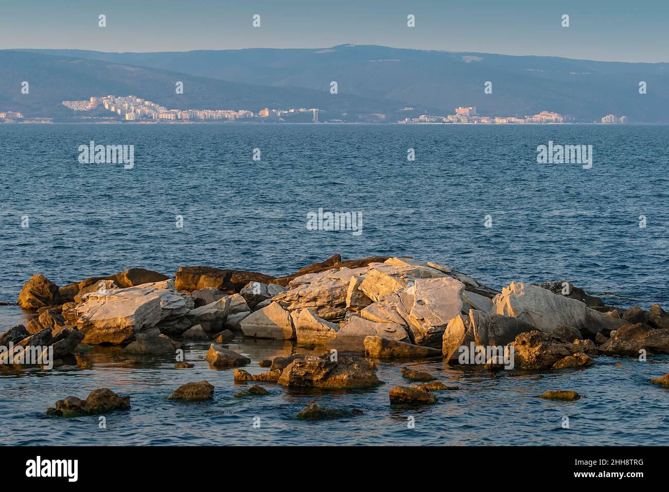 Landscape with rocky boulders sticking out of the Black Sea. Nessebar. Bulgaria Stock Photo