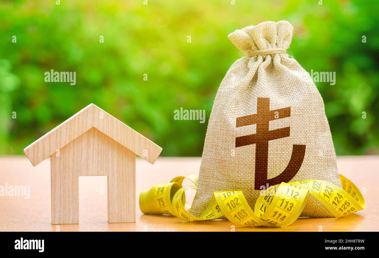House and turkish lira money bag. Property valuation. Building