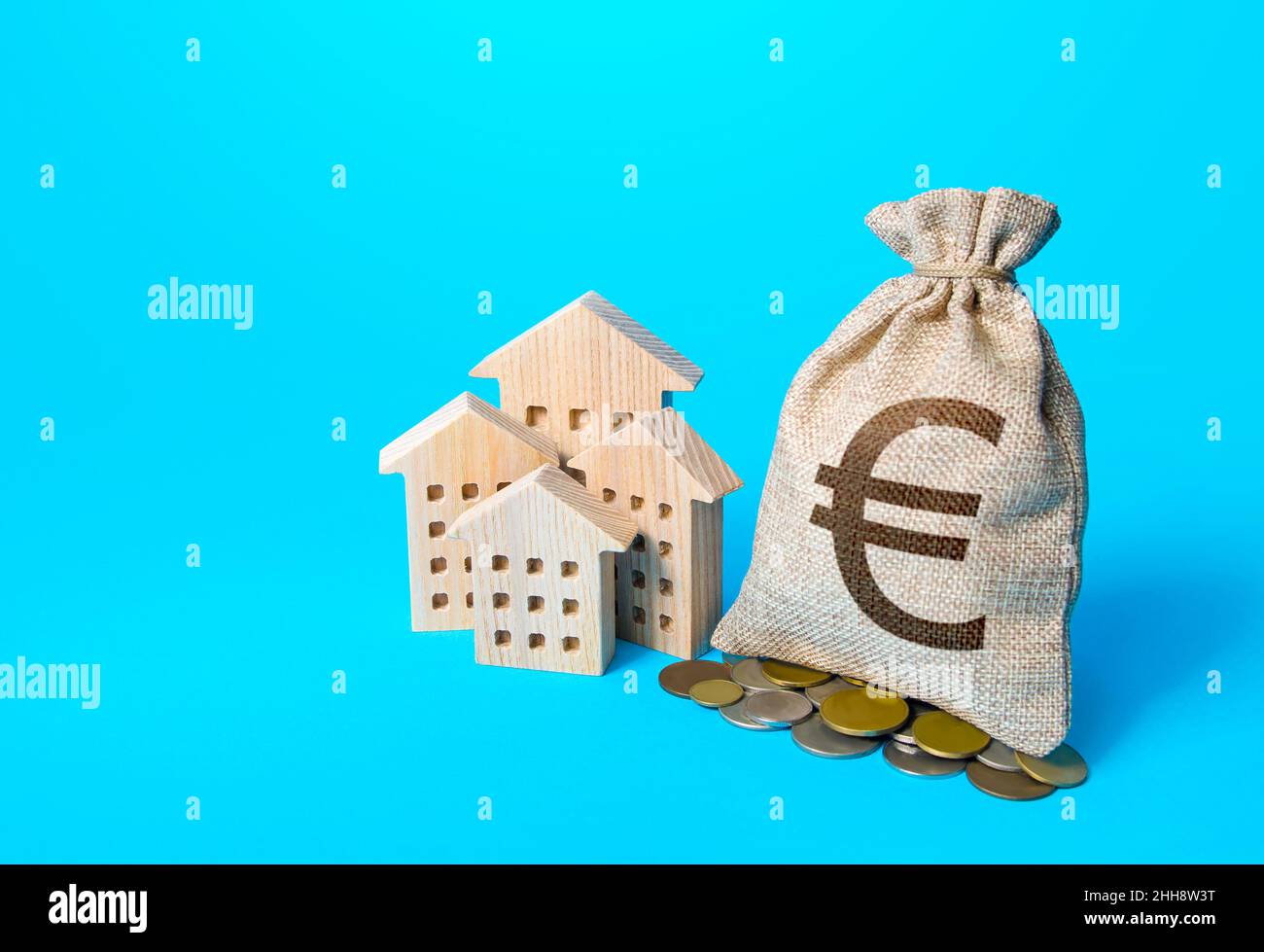 Houses and euro money bag. Increasing property value. Fair market price