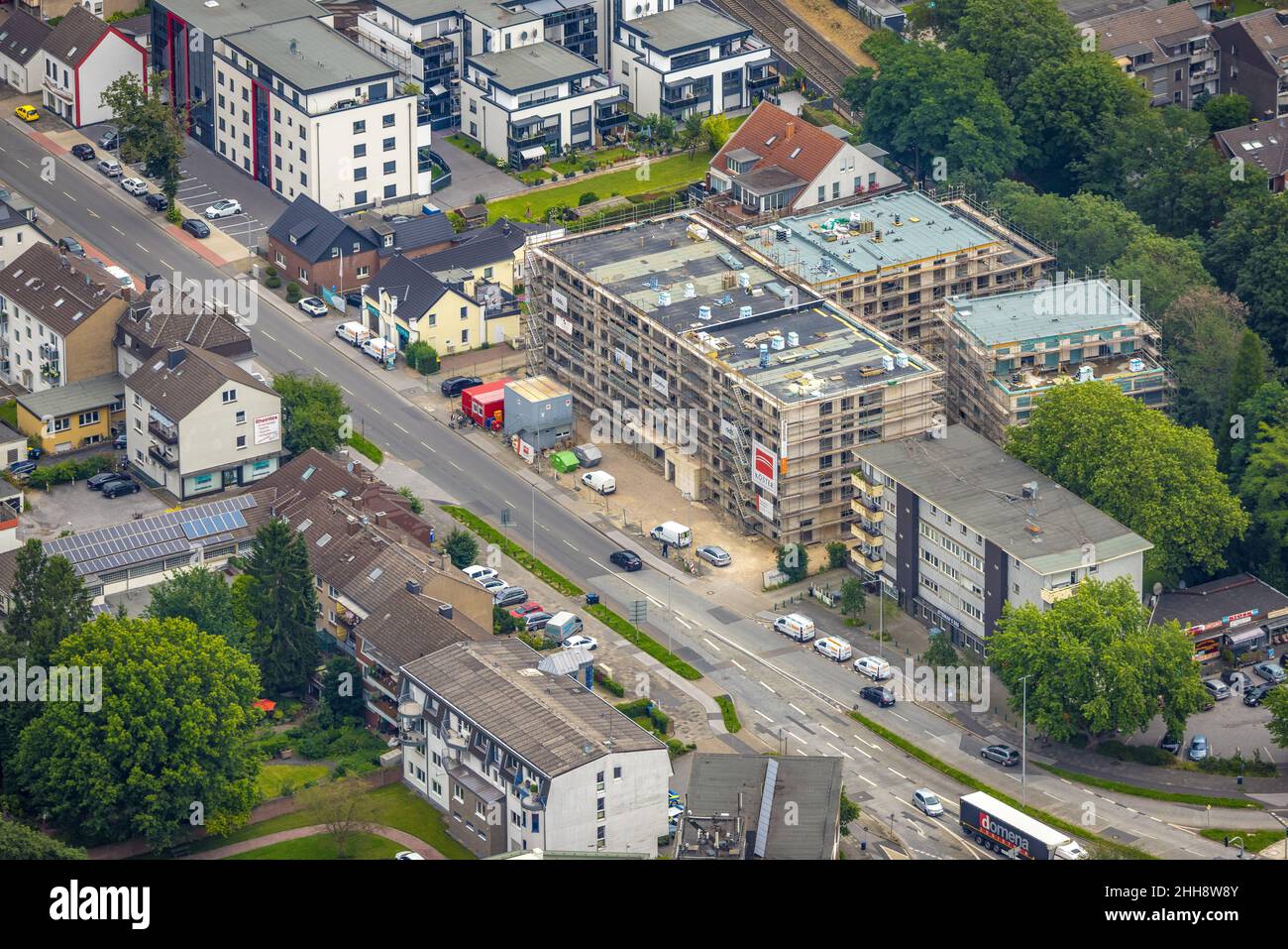 Aerial view, construction site and new building of a retirement home, Düsseldorfer Landstraße 163-169, Buchholz, Duisburg, Ruhr area, North Rhine-West Stock Photo