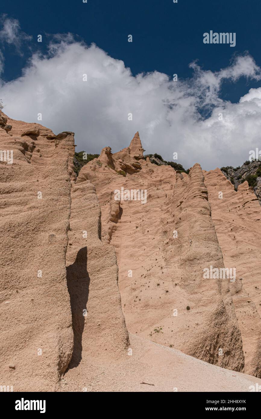 Peculiar red rocks with pinnacles and towers called Lame Rosse in the Sibillini mountains (Marche, Italy) Stock Photo