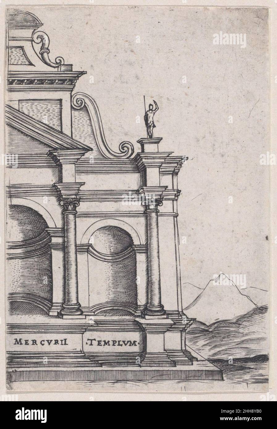 Mercurii Templum (Views of Ancient Roman Temples and Arches) 1535–40 Anonymous, Italian, 16th century Half view of a temple dedicated to Mercury.. Mercurii Templum (Views of Ancient Roman Temples and Arches). Anonymous, Italian, 16th century. 1535–40. Engraving Stock Photo