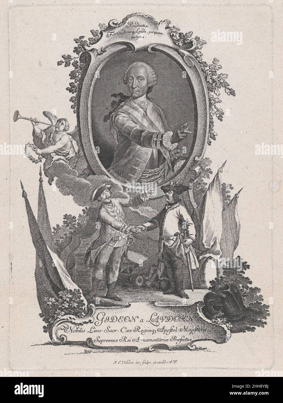 Portrait of Gideon a Laudohn, Nobbleman of Livonia (Latvia) ca. 1740–1760 Johann Esaias Nilson Print with a portrait of Ernst Gideon, Freiherr von Laudon (1717–1790) honoring his accomplishments on the battle field. The half-length portrait of Gideon is presented in an oval frame with a motto placed in a rocaille cartouche at the top. Below the frame two male figures are depicted shaking hands. Around them, armorial attributes are heaped together to form a trophy and on the left side a Victory figure holds up a laurel wreaths and blows on a horn to mark victory.. Portrait of Gideon a Laudohn, Stock Photo