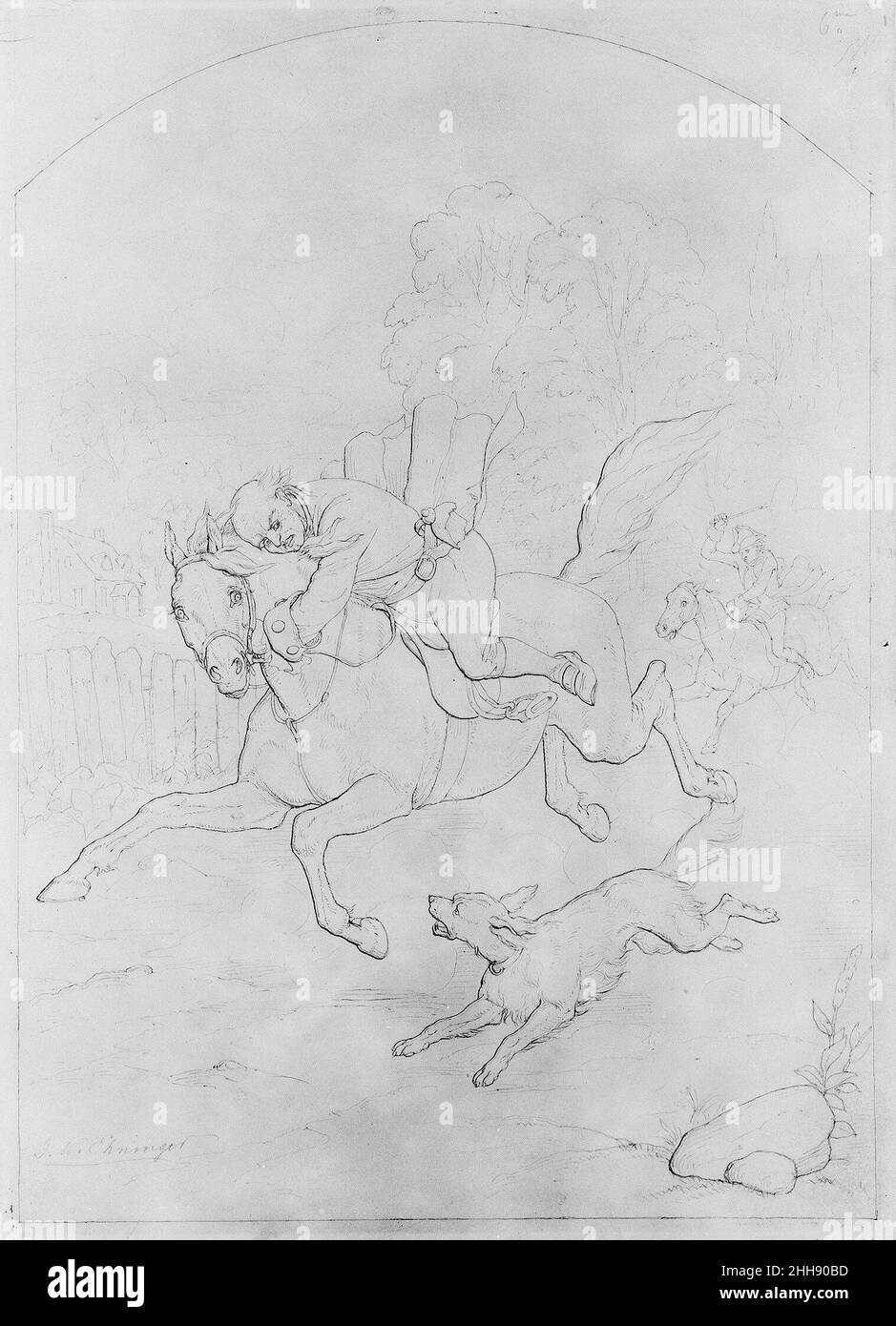 Illustration to William Cowper's Poem 'The Diverting History of John Gilpin': John Gilpin on His Horse Stampeding Back to London 1857 John Whetten Ehninger American. Illustration to William Cowper's Poem 'The Diverting History of John Gilpin': John Gilpin on His Horse Stampeding Back to London  14925 Stock Photo