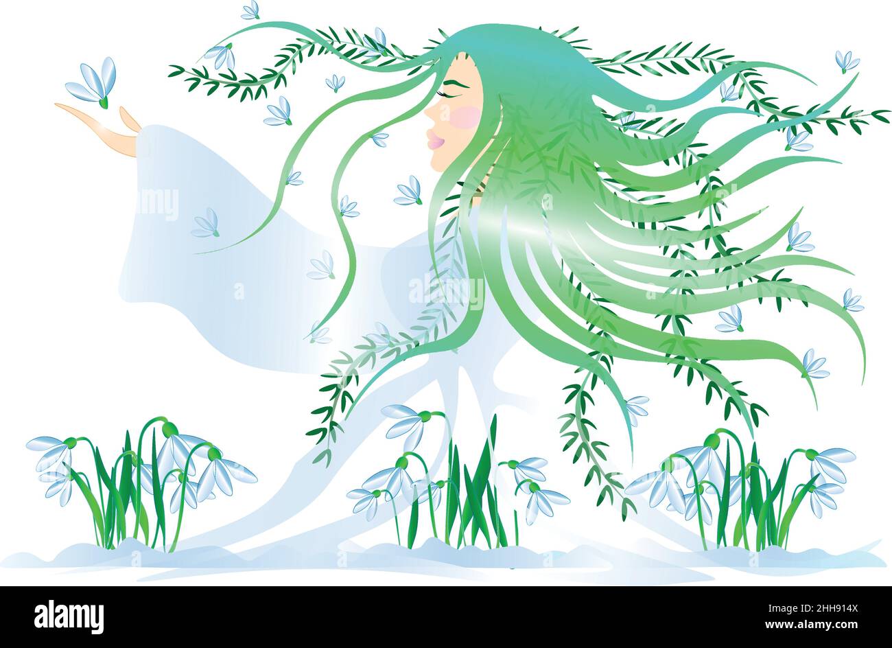 Vector illustration of the Goddess of Spring. Snowdrops have blossomed, spring has come. Maiden of Spring awakens nature Stock Vector