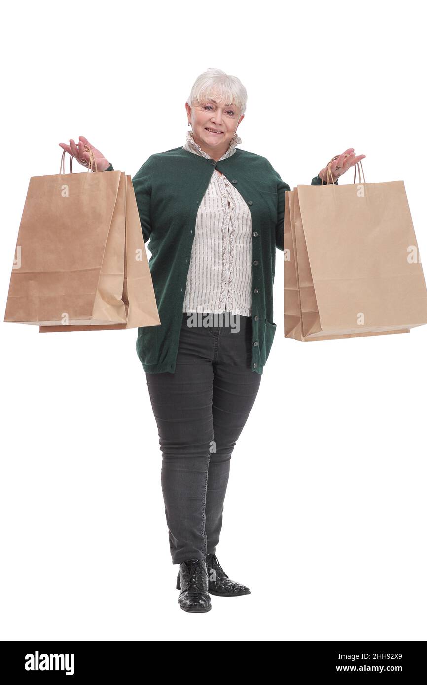 Front view of mature woman shows the paper package Stock Photo - Alamy