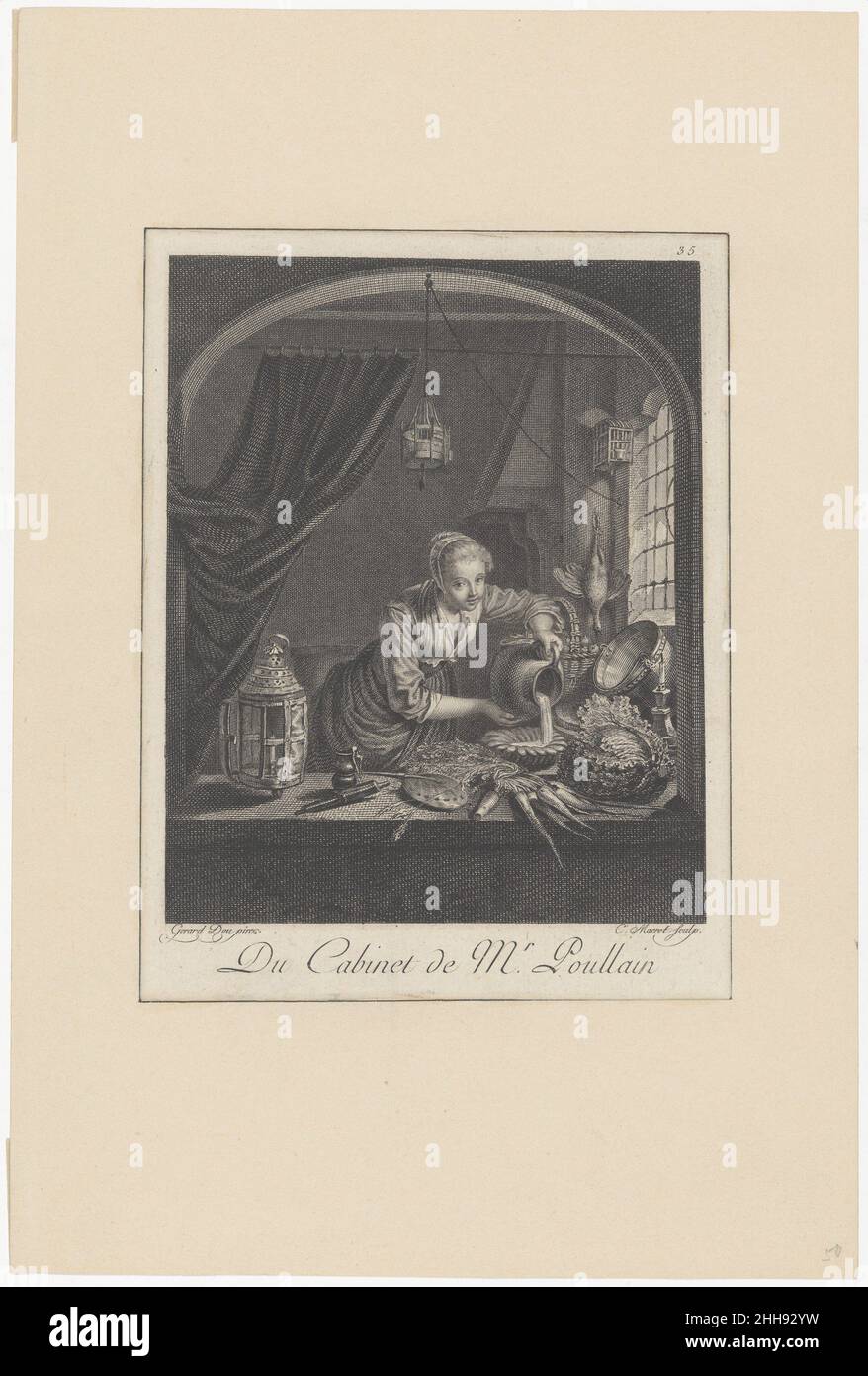 Milkmaid after the painting of G.Dou in the Cabinet of Mr. Poullain mid-17th century After Gerrit Dou Dutch This modest print records Dou's painting (Musée du Louvre, Paris) shortly after 1780, when it was sold from the Poulain collection in Paris. As in similar scenes invented by Dou during the 1640s and 1650s, the pretty kitchen maid is surrounded by motifs that had for decades stood for male and female private parts. Lost in the engraving, however, is the original play between two forms of seduction: that of the young woman and her friendly gaze, on the one hand, and that of illusionism (wh Stock Photo