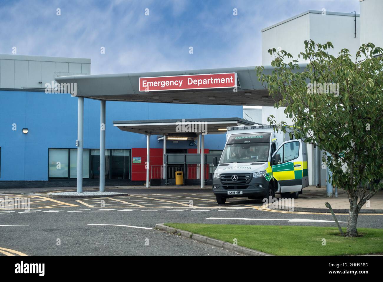 An ambulance outside the entrance to the Emergency Department of University Hospital Crosshouse
