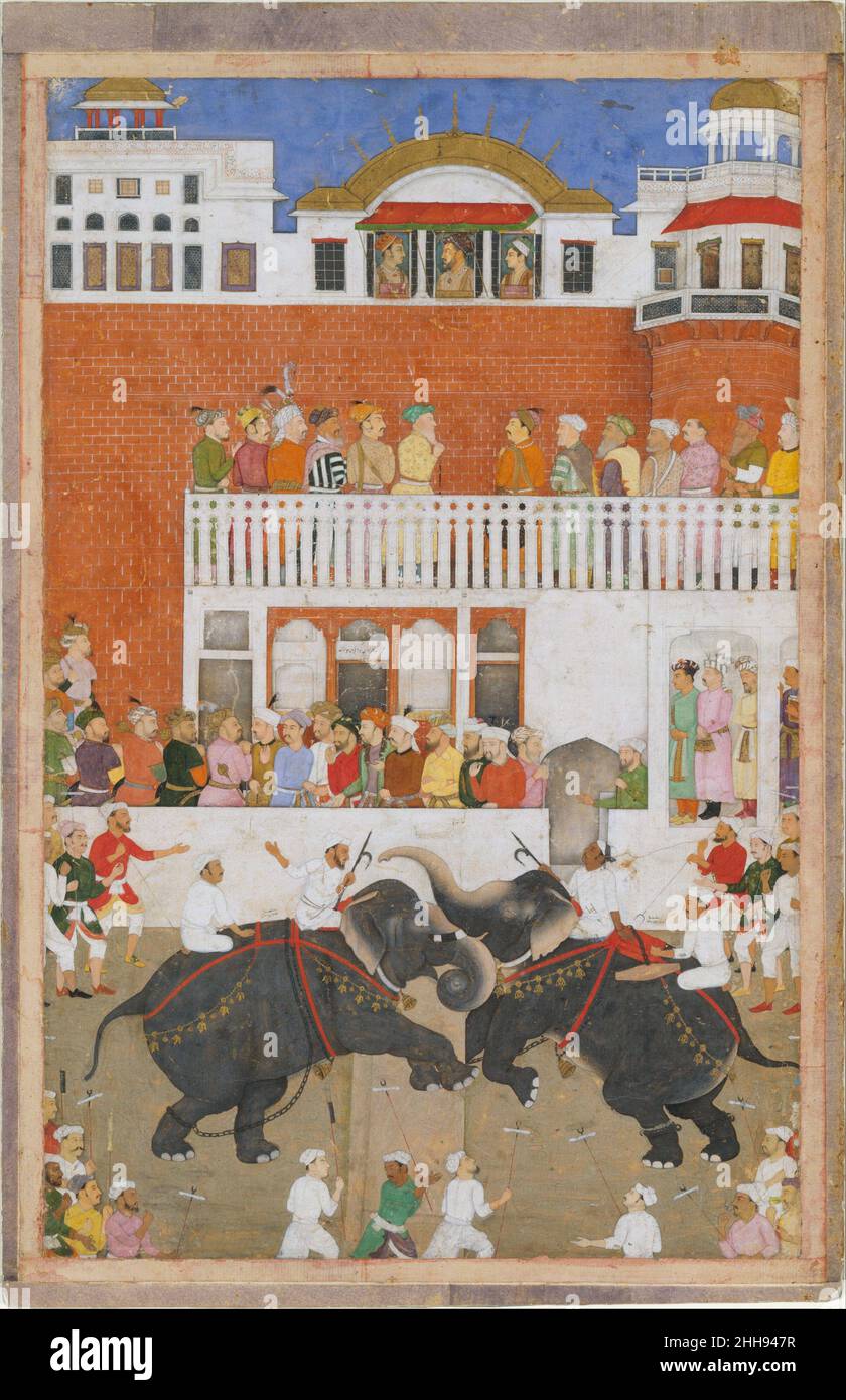 'Shah Jahan Watching an Elephant Fight', Folio from a Padshahnama probably 1639 Bulaqi In this page from the Padshahnama, the artist has created a unified space stretching from the foreground, where goaders are milling, to the top of the scene, where the emperor and his two sons are shown in profile at an open tripartite window. Although the white and red walls of the fort are unmodulated planes, the placement of figures before them gives a sense of spatial recession. The dynamism of the elephant combat balances the impassive family portraits. While the courtiers in the upper tier turn their b Stock Photo
