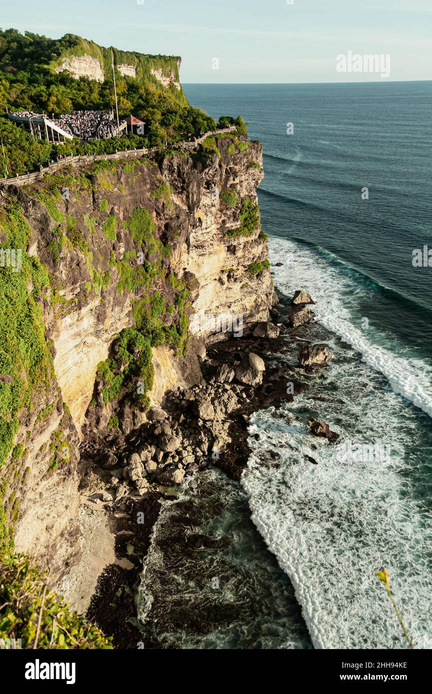 BALI, INDONESIA - MARCH 1, 2014: Traditional Balinese dance open-air amphitheater Located at the edge of a cliff Stock Photo