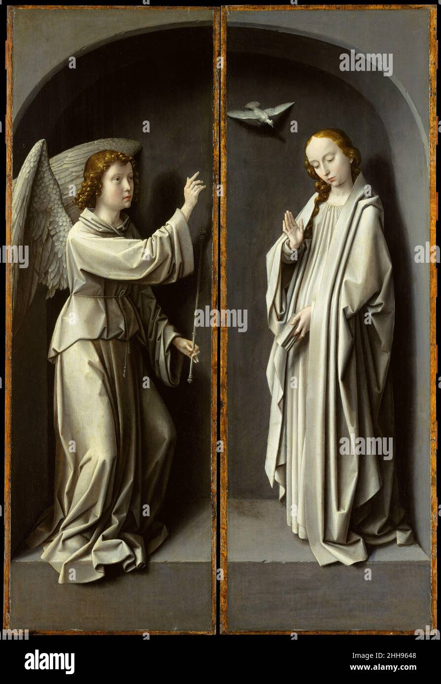 Archangel Gabriel; The Virgin Annunciate ca. 1510 Gerard David Netherlandish Gerard David painted in Bruges all his life. Where he trained is unknown, though his early works show the influence of his northern Netherlandish roots, and of the art of Hugo van der Goes and Dieric Bouts. These two Annunciation panels, along with the depictions of the Passion that decorated their reverses (1975.1.119), originally formed the movable wings of an altarpiece. When the wings were closed, the Archangel Gabriel and the Virgin Annunciate were shown. When opened, on certain feast days, the Christ Carrying th Stock Photo