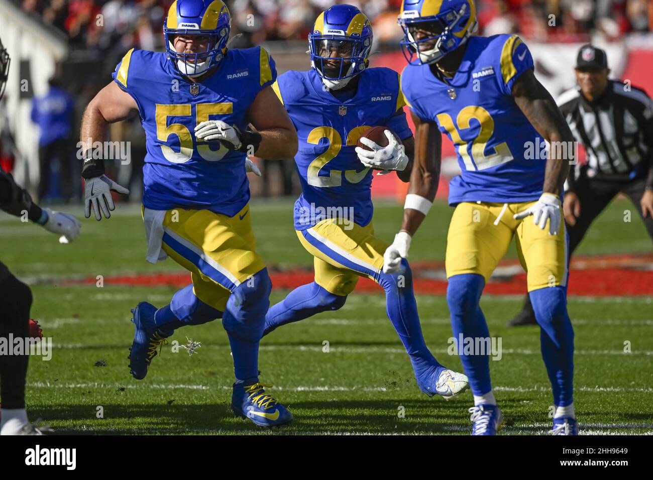 Los Angeles Rams running back Cam Akers fights through contact for a  12-yard gain