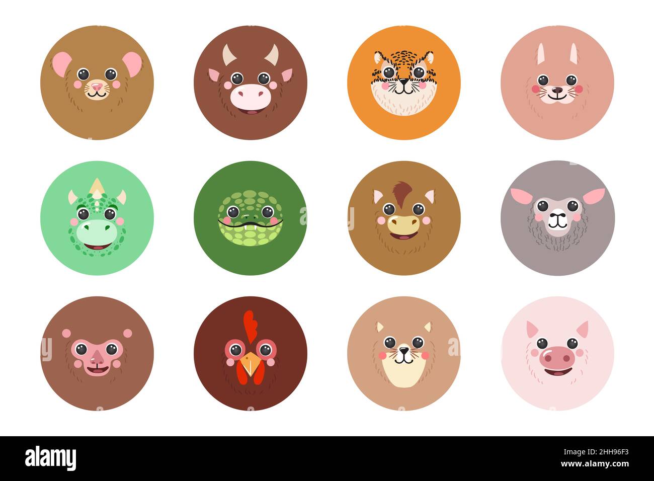 Round Animals Set Chinese Zodiac Twelve Signs portraits Icons Cute cartoon  illustration flat vector avatars rat,
