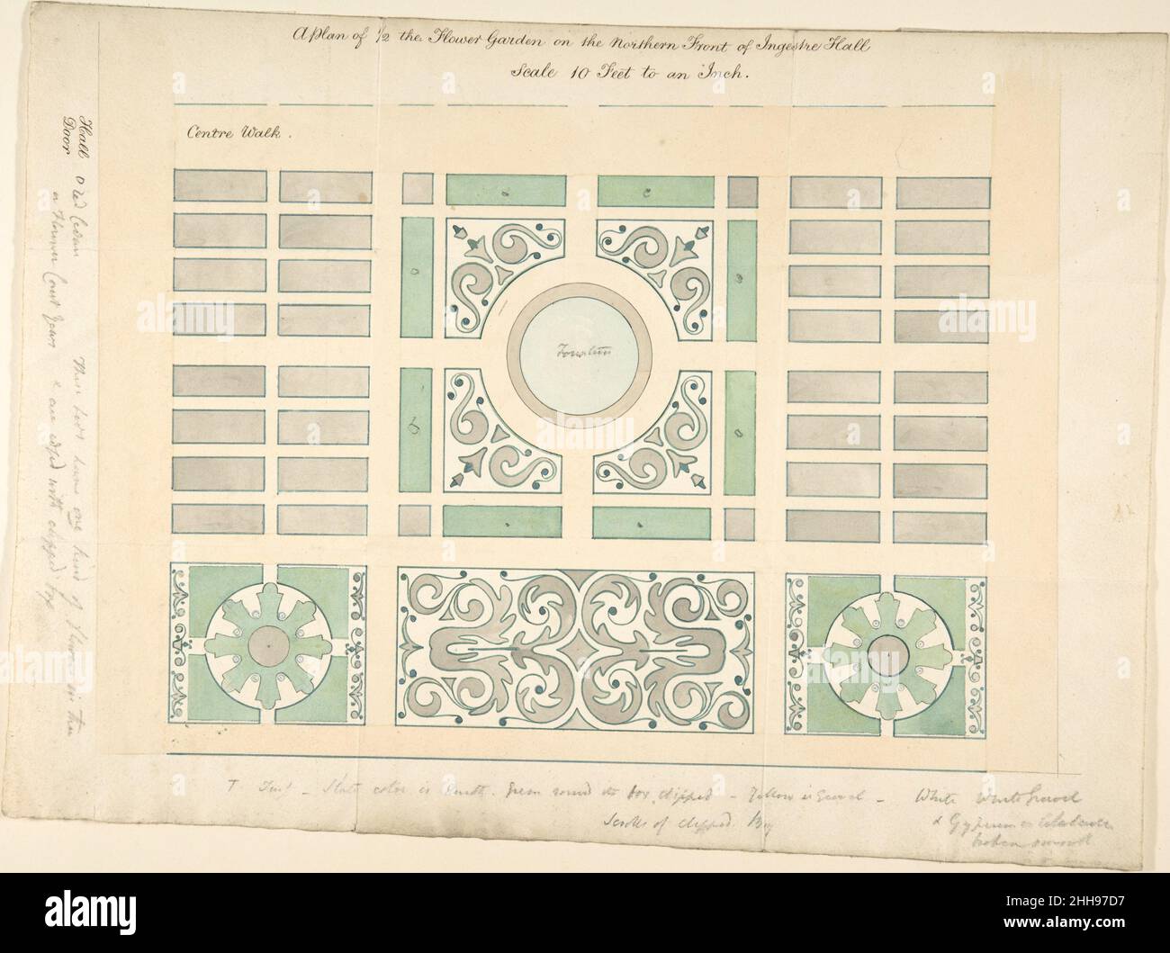 Plan of the Flower Garden on the Northern Front, Ingestre Hall, Staffordshire 1836 Sir Charles Chetwynd, 2nd Earl Talbot British. Plan of the Flower Garden on the Northern Front, Ingestre Hall, Staffordshire. Sir Charles Chetwynd, 2nd Earl Talbot (British, 1777–1849). 1836. Pen and colored washes Stock Photo