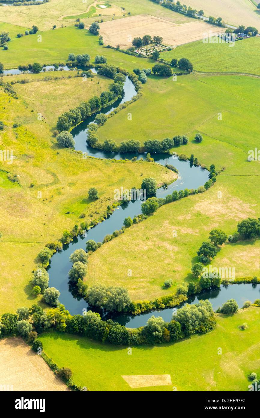 Aerial photograph, meander, meandering river Lippe, Lippe, Lippeauen, river course, north of Dorf Heil, Bergkamen, Ruhrgebiet, North Rhine-Westphalia, Stock Photo