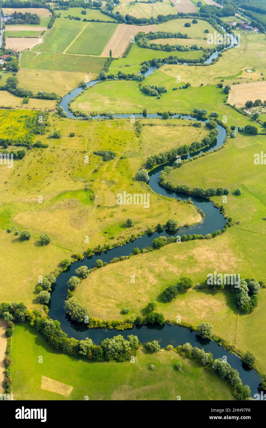 Aerial photograph, meander, meandering river Lippe, Lippe, Lippeauen, river course, north of Dorf Heil, Bergkamen, Ruhrgebiet, North Rhine-Westphalia, Stock Photo
