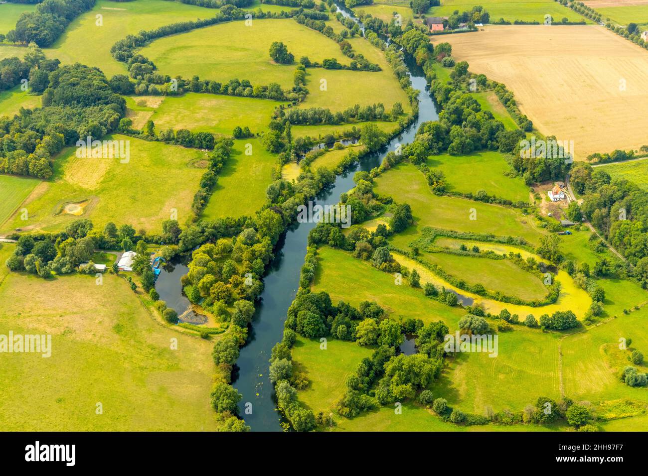 Aerial photograph,Meander, meandering river Lippe, Lippe, Lippe meadows, straightening, disused side arms, Lippeschleife, north of Dorf Heil, Naturfre Stock Photo