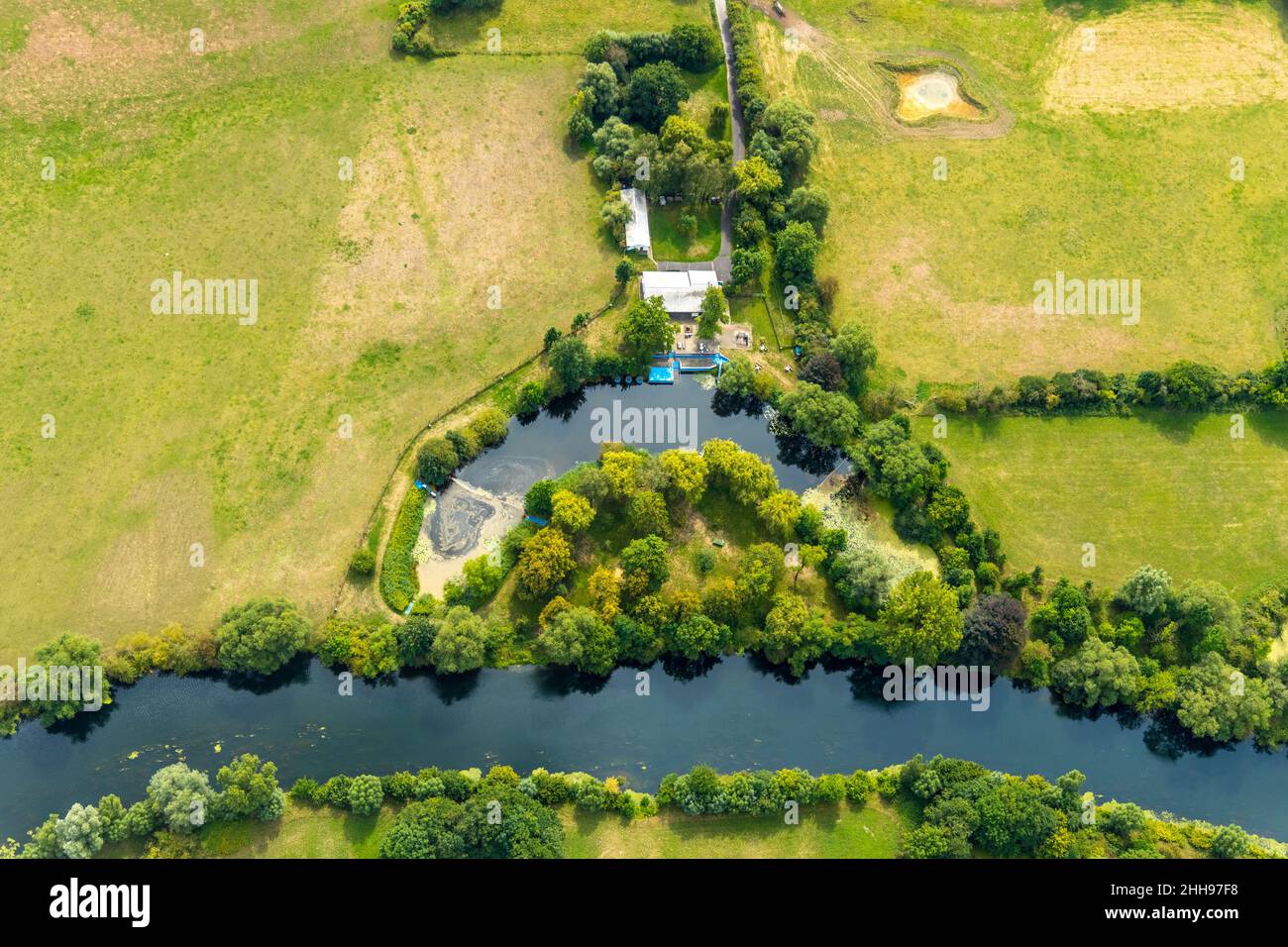 Aerial photo, meander, meandering river Lippe, Lippe, Lippe meadows, straightening, disused branches, Lippeschleife, north of Dorf Heil, Naturfreibad Stock Photo