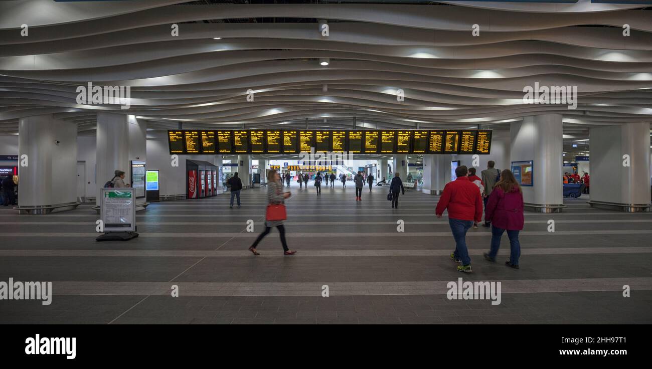 Birmingham New Street railway station entrance with train departure information screens Stock Photo