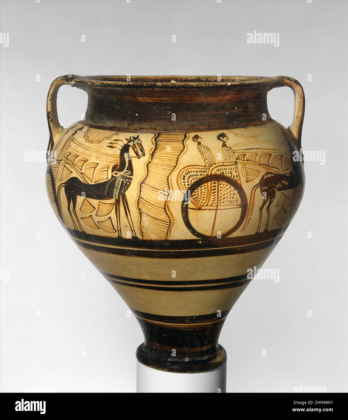 Terracotta chariot krater ca. 1375–1350 B.C. Helladic, Mycenaean During the fourteenth century B.C. broad and deep-bodied kraters, often decorated with complex pictorial scenes, were produced in Greece, particularly in the Argolid and in Cyprus. A great number of these works came to light on Cyprus, and they were often attributed to artists working in a Cypro-Mycenaean idiom. Evidence had increasingly indicated that trade between the Argolid and Cyprus was active and that the pictorial vases were a major commodity made on the mainland and traded eastward, probably for their contents as well as Stock Photo