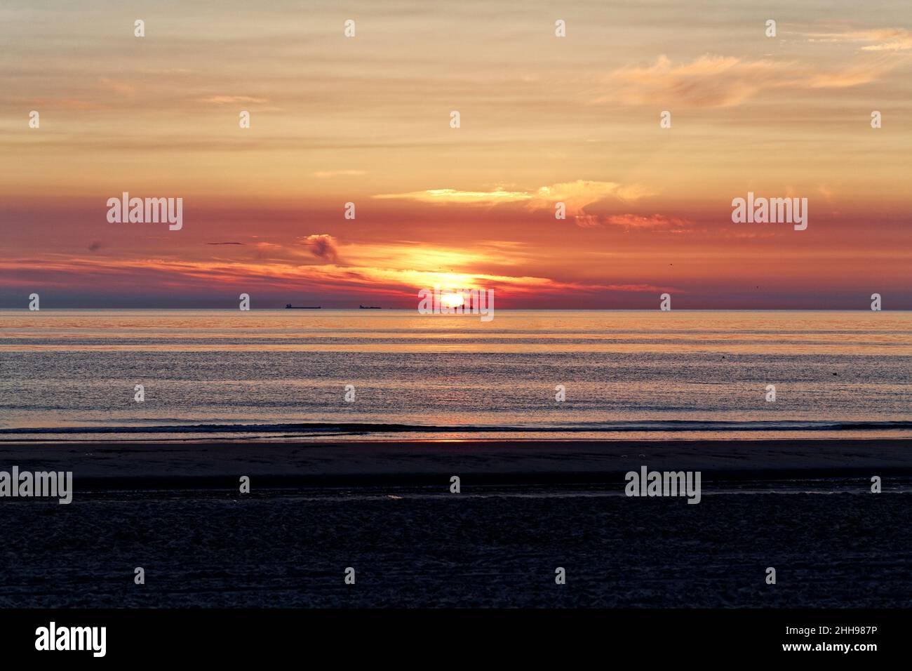 Beautiful sunset landscape in the North Sea. Texel, Netherlands View from the boats over the North Sea. Stock Photo