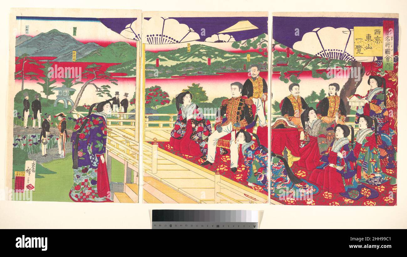 A Glimpse of Higayashiyama the Western Capital, from the series Famous Places in the Nation (Shokoku meisho zukai no uchi-Saiky? Higashiyama ichiran) May, 1880 Utagawa Hiroshige III Japanese. A Glimpse of Higayashiyama the Western Capital, from the series Famous Places in the Nation (Shokoku meisho zukai no uchi-Saiky? Higashiyama ichiran). Utagawa Hiroshige III (Japanese, 1843–1894). Japan. May, 1880. Triptych of woodblock prints; ink and color on paper. Meiji period (1868–1912). Prints Stock Photo