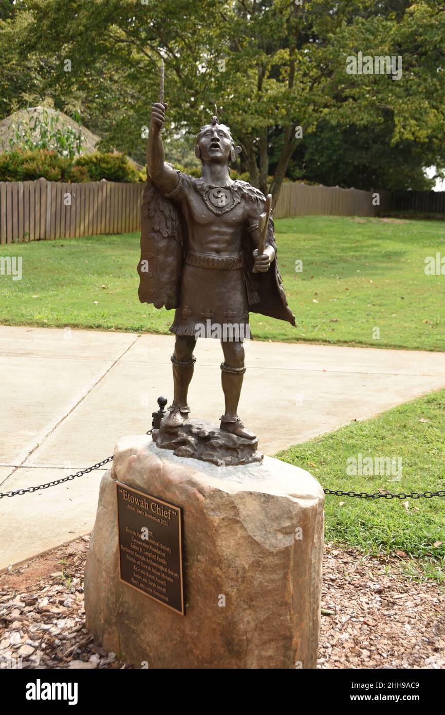 The statue of Etowah Chief in front of Etowah Archaeological Museum, the most intact Mississippian Cultural Site, in Cartersville, Georgia, USA Stock Photo