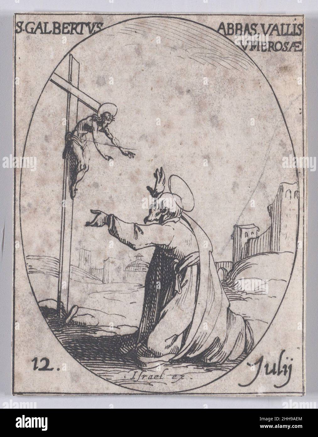S. Galbert, abbé du Val d'Ombrose (St. John Gualbert, Abbot of Val d'Ombrose), July 12th, from Les Images De Tous Les Saincts et Saintes de L'Année (Images of All of the Saints and Religious Events of the Year) 1636 Jacques Callot French This print is part of a series comprised of a title page, frontispiece, and 122 plates. Each of these 122 plates contains four oval scenes depicting Saints and Religious Events for each day of the year. This etching was originally one of four oval scenes on a plate in the series.. S. Galbert, abbé du Val d'Ombrose (St. John Gualbert, Abbot of Val d'Ombrose), J Stock Photo