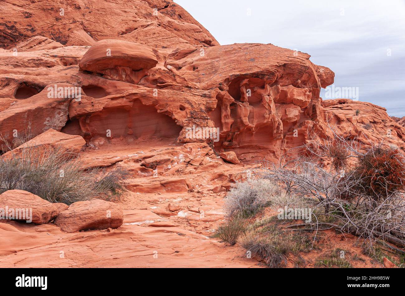 Overton, Nevada, USA - February 24, 2010: Valley of Fire. Landscape of craked red rock featuring 