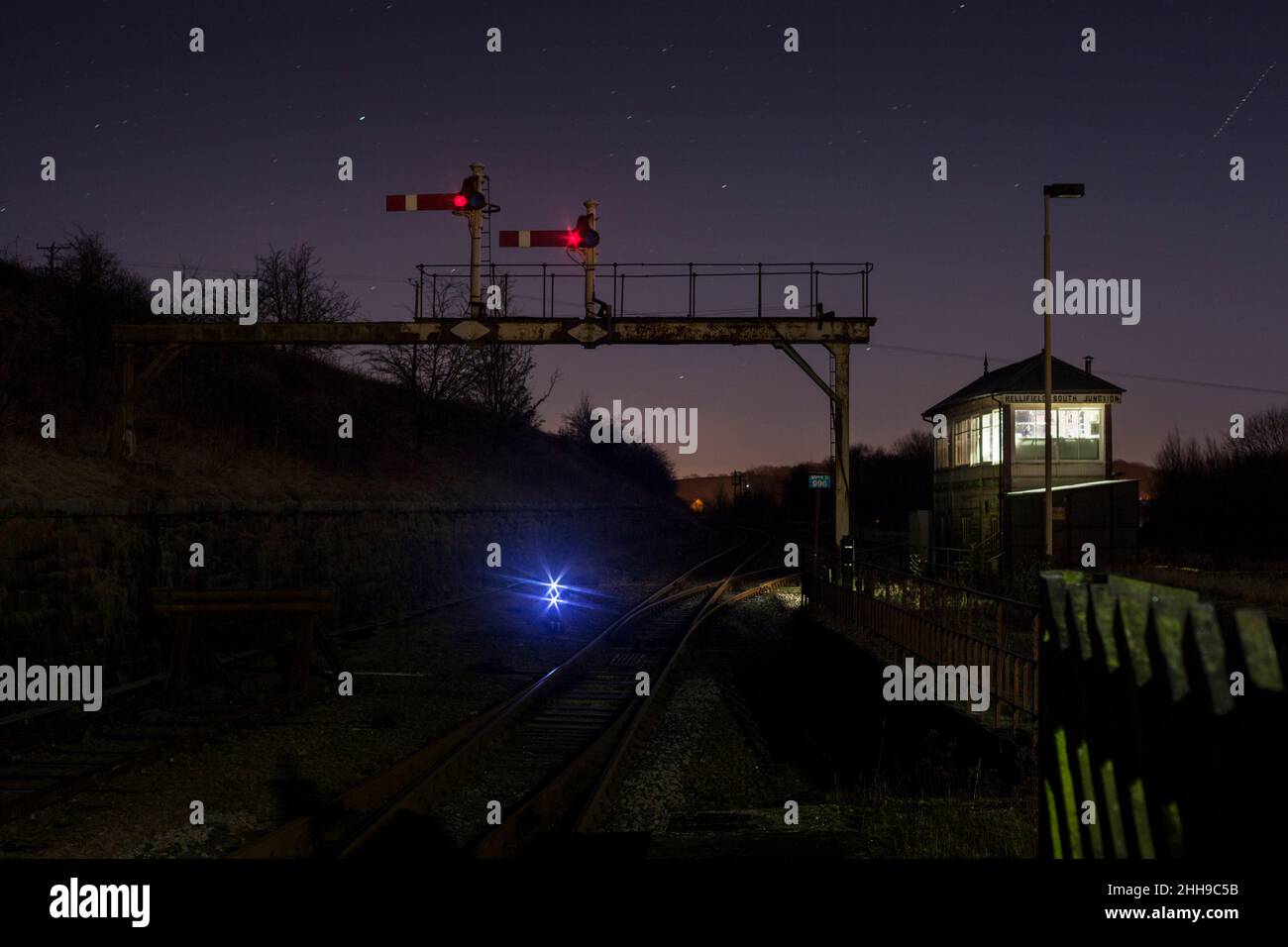 Hellifield Signal box and Signals at night.  Hellifield is a Midland Railway type 4c signa box Stock Photo