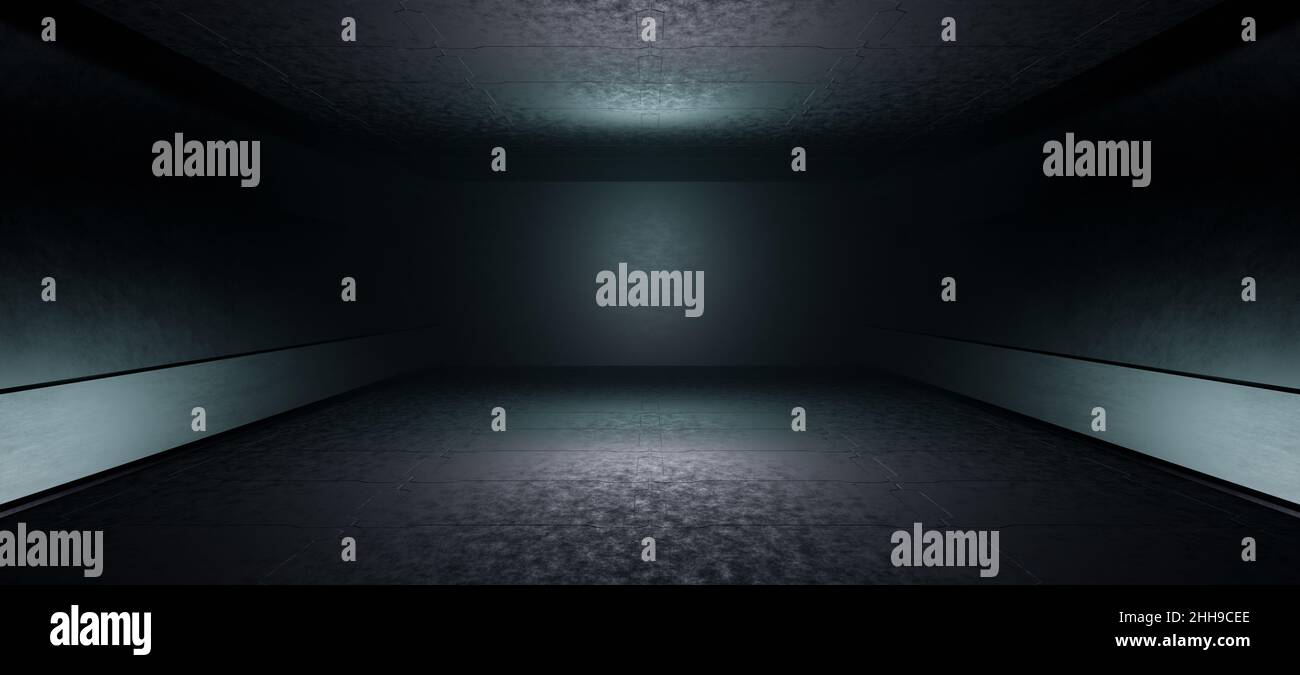 Dystopian Futuristic Platform Space Phantom Dim Lighting with Black Colors Abstract Futuristic Background 3D Rendering Stock Photo