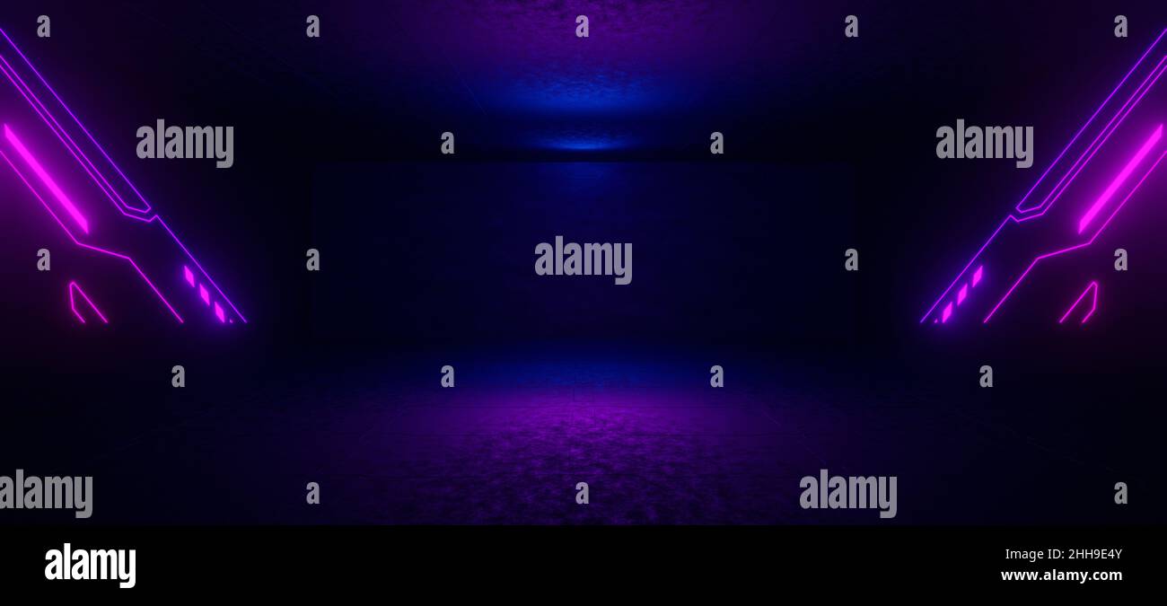 Futuristic Sci-Fi Abstract Blue And Purple Neon Light Shapes On Black ...