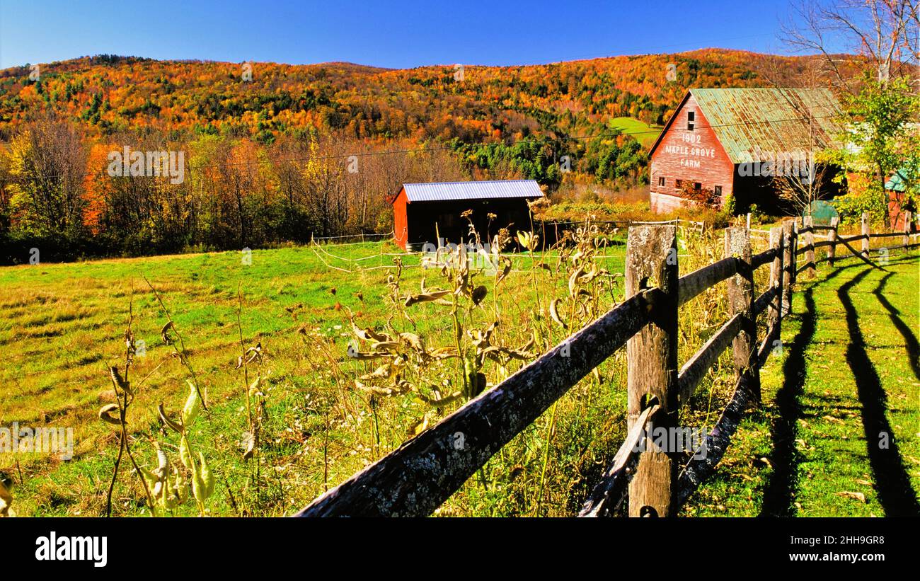 New England farm and wood fence in autumn Stock Photo
