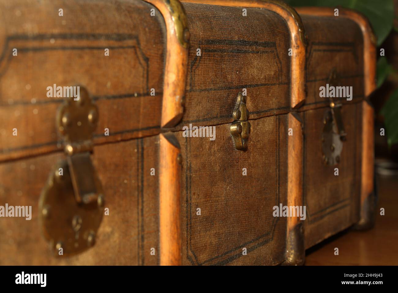 Old vintage colonial style coffer, chest, decorative details close up Stock Photo