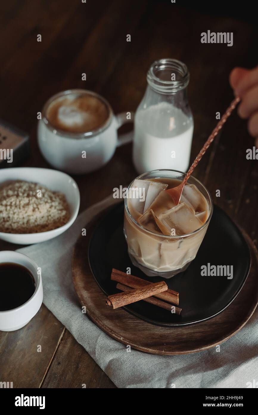Iced Brown Sugar Oat Milk Latte Ingredients. Process of Making Iced