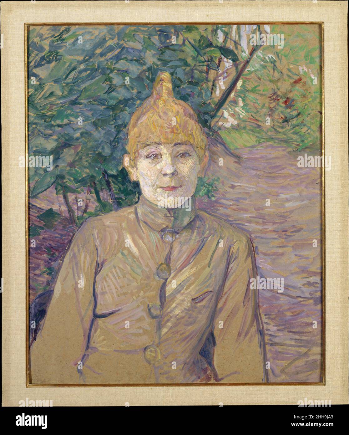 The Streetwalker ca. 1890–91 Henri de Toulouse-Lautrec French As early as 1901 the woman in this painting was identified as a streetwalker. Her name, however, has been lost to history; only the nickname La Casque d'Or (Golden Helmet), which refers to her wig, has survived. She sits in the garden of Monsieur Forest, Lautrec's neighbor in Montmartre.. The Streetwalker  438016 Stock Photo