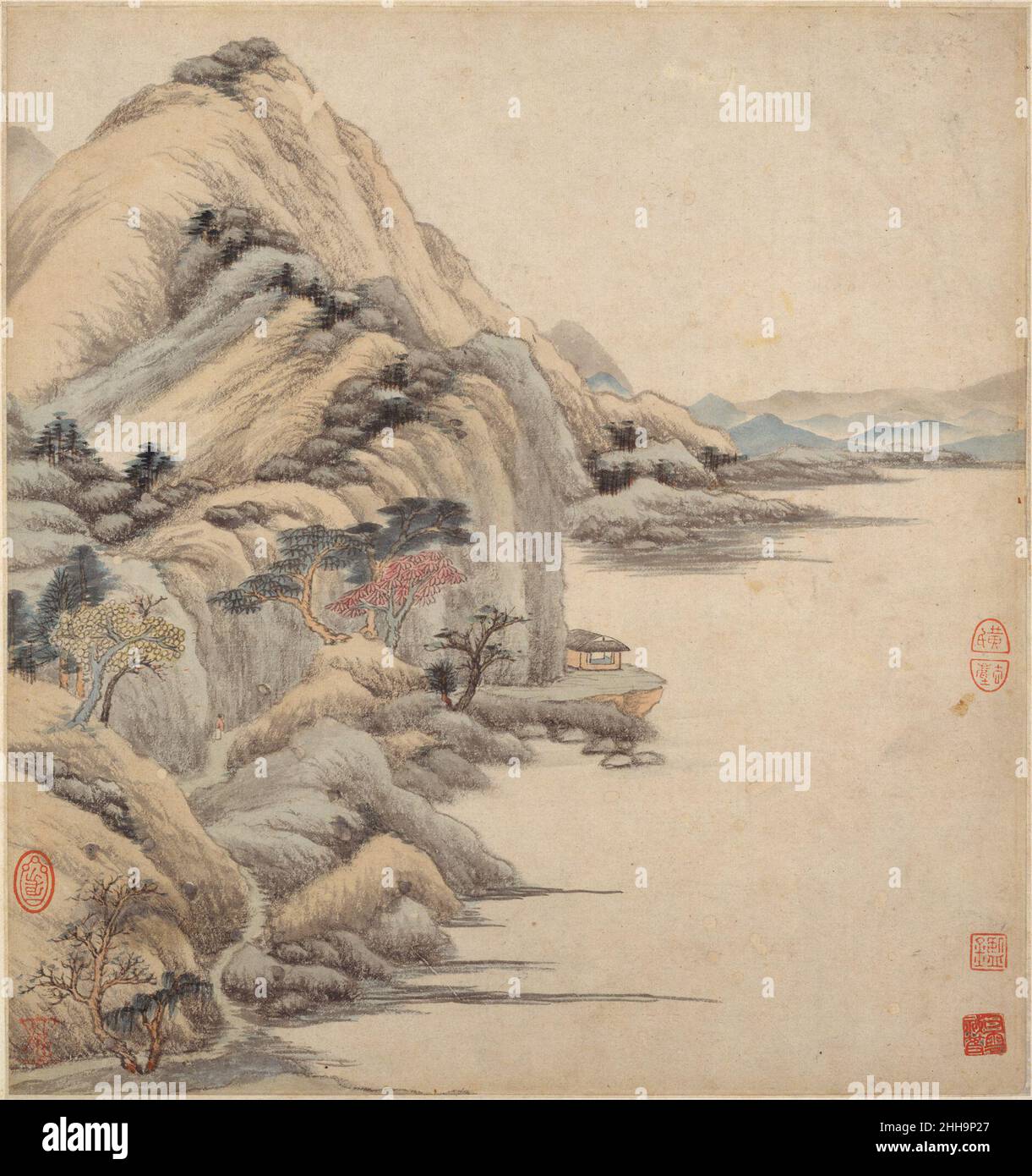 Landscapes in the styles of ancient masters 17th century Wang Jian Chinese Wang Jian's paintings exemplify the vision of a man steeped in tradition. A member of the educated elite, Wang enjoyed access to the region's numerous private collections as well as inheriting a rich assemblage of old masters from his grandfather Wang Shizhen (1526–1590). This firsthand knowledge of past masterpieces inspired Wang to follow the example of Dong Qichang (1555–1636) in seeking a personal artistic synthesis through the diligent study of 'orthodox' models.This album is a virtuoso display of Wang Jian's comma Stock Photo