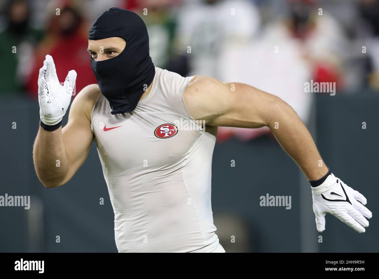 January 22, 2022: San Francisco 49ers defensive end Nick Bosa (97) during  the NFL divisional playoff football game between the San Francisco 49ers  and the Green Bay Packers at Lambeau Field in