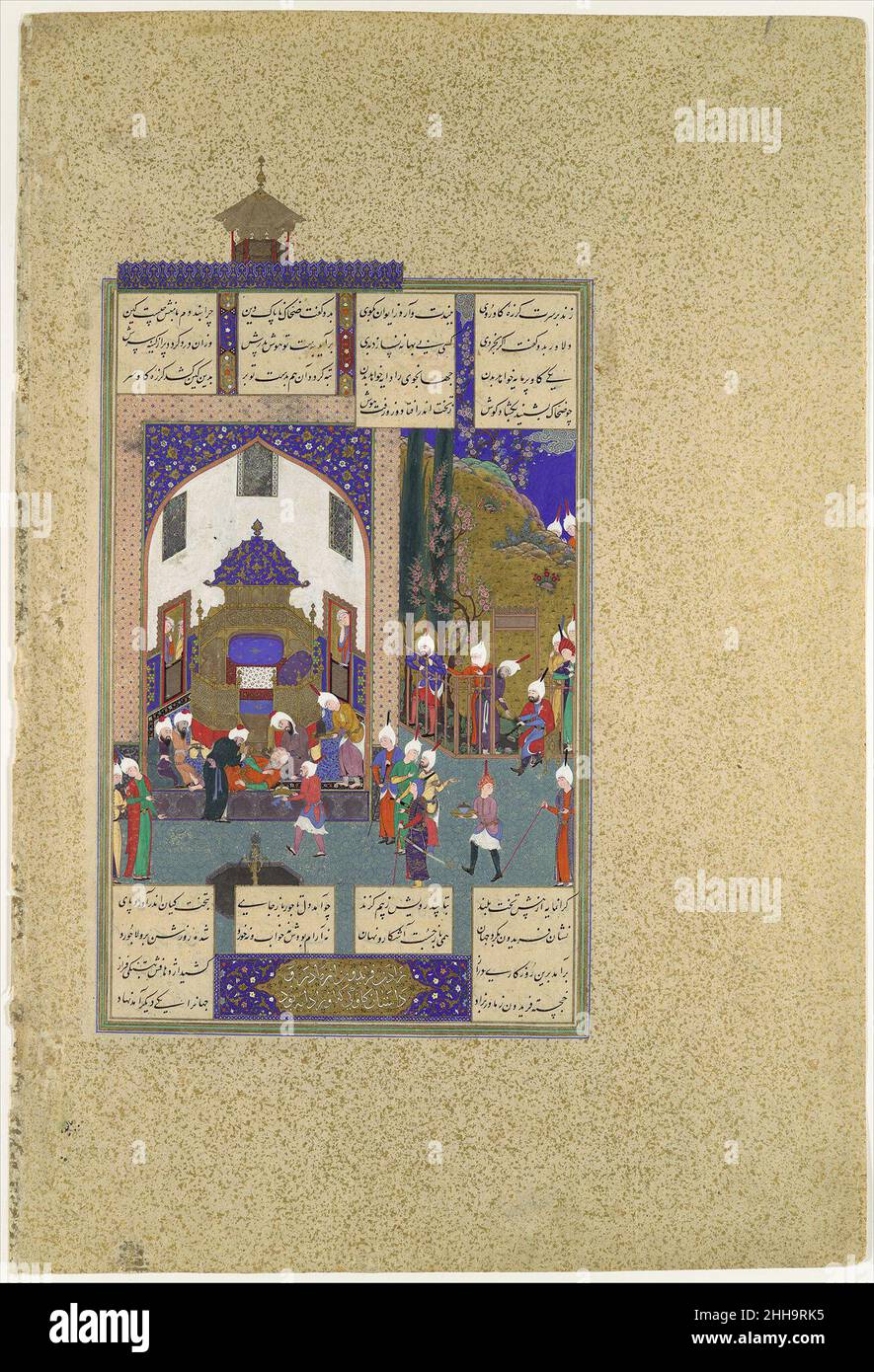 'Zahhak is Told His Fate', Folio 29v from the Shahnama (Book of Kings) of Shah Tahmasp ca. 1524 Abu'l Qasim Firdausi The evil king Zahhak faints when his wise men reveal the meaning of his nightmare: that one Faridun, as yet unborn, will justly bring about his downfall and death. The logical disposition of figures in space reflects the influence of the late Timurid Herat School of painting, whereas the bending rosebush and snail-like clouds at the right derive from Turkmen painting as practiced at Tabriz. The animated characterizations, however, are typical of the work of Sultan Muhammad, head Stock Photo