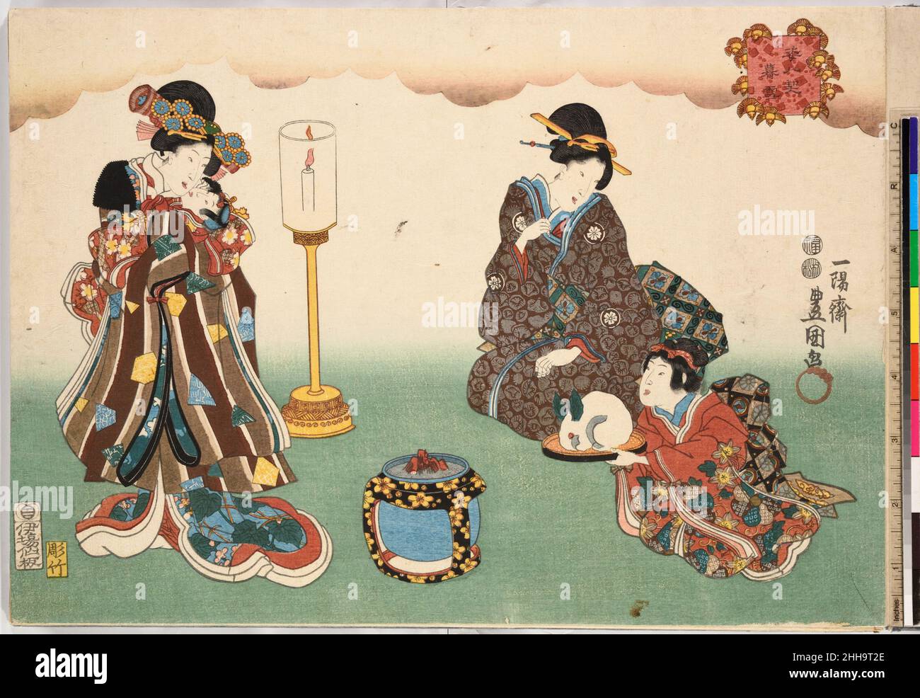 Evening Snow (Bo-setsu), from the series, "Eight Figural Views" (Sugata Hakkei) ca. 1850 Utagawa Kunisada Japanese. Evening Snow (Bo-setsu), from the series, "Eight Figural Views" (Sugata Hakkei). Utagawa Kunisada (Japanese, 1786–1864). Japan. ca. 1850. Polychrome woodblock print. Edo period (1615–1868). Illustrated Books Stock Photo