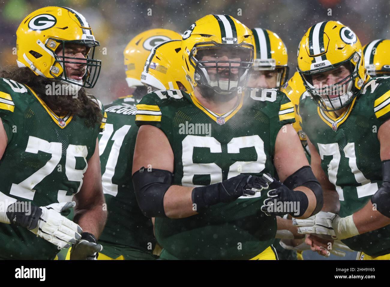 Green Bay, Wisconsin, USA. 22nd Jan, 2022. Green Bay Packers center Lucas Patrick (62), offensive tackle Dennis Kelly (79), and offensive guard Josh Myers (71) during the NFL divisional playoff football game between the San Francisco 49ers and the Green Bay Packers at Lambeau Field in Green Bay, Wisconsin. Darren Lee/CSM/Alamy Live News Stock Photo