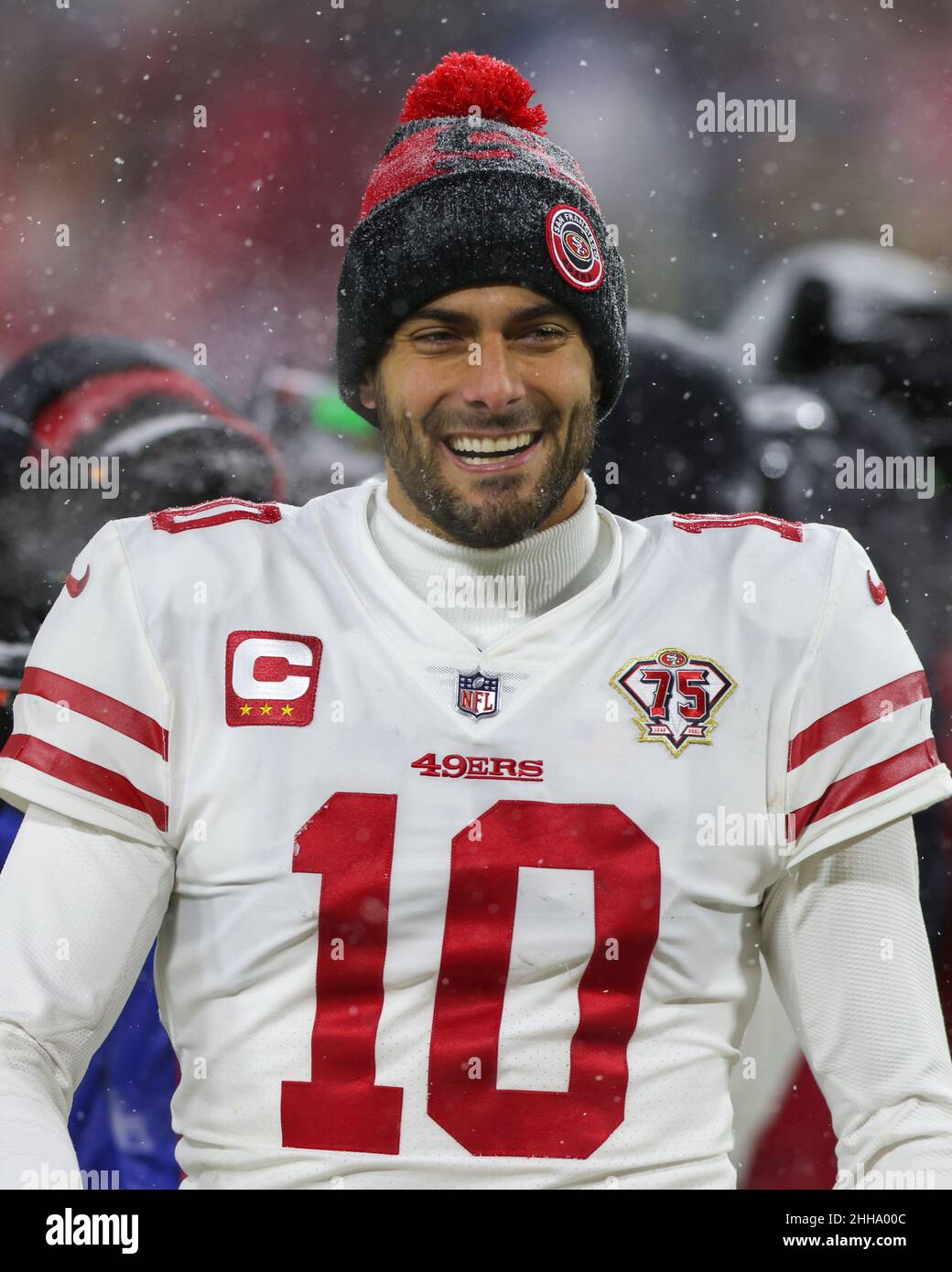 Green Bay, Wisconsin, USA. 22nd Jan, 2022. San Francisco 49ers quarterback Jimmy Garoppolo (10) during the NFL divisional playoff football game between the San Francisco 49ers and the Green Bay Packers at Lambeau Field in Green Bay, Wisconsin. Darren Lee/CSM/Alamy Live News Stock Photo