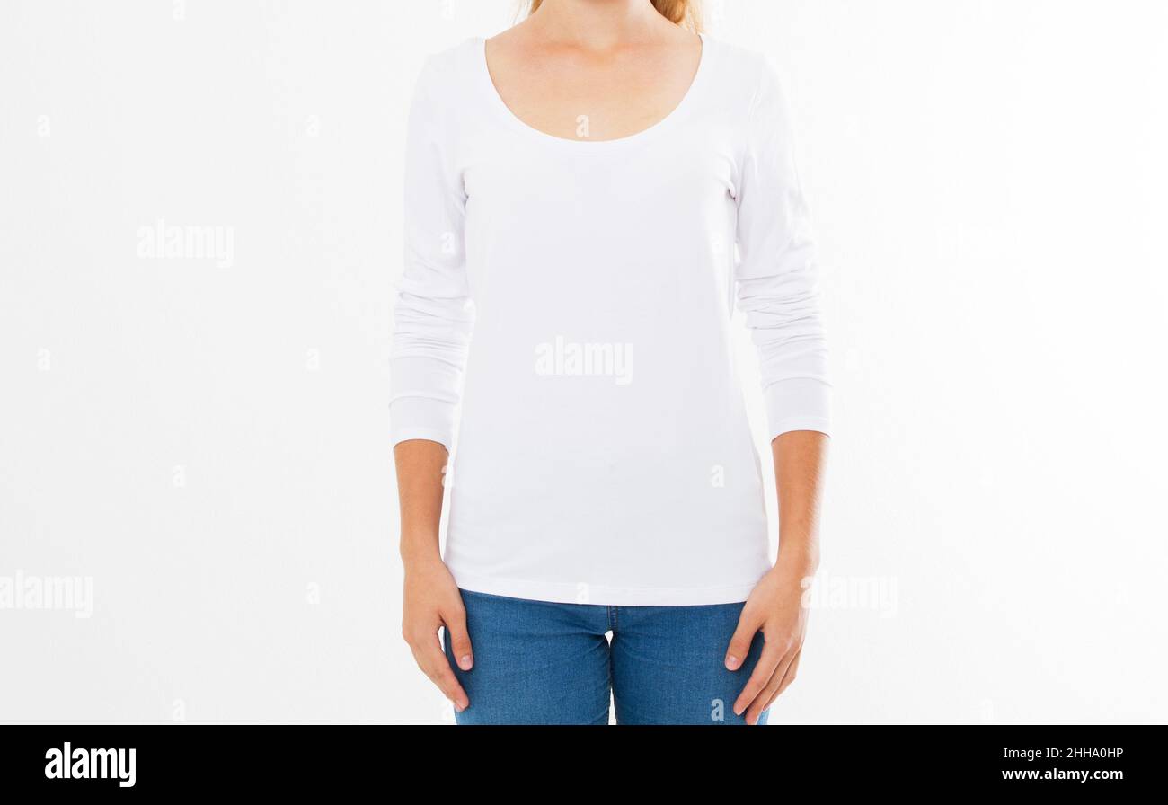 Midsection of young woman wearing blank tshirt on white background, girl in t-shirt mock up isolated Stock Photo