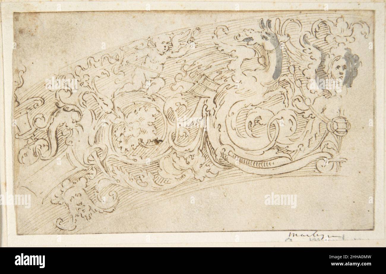 Part of a Circular Frieze with a Sphynx and a Putto with a Hybrid Creature 1500–1700 Anonymous, Italian, 16th to 17th century Italian. Part of a Circular Frieze with a Sphynx and a Putto with a Hybrid Creature. Anonymous, Italian, 16th to 17th century. 1500–1700. Pen and brown ink, with isolated strokes of brush and gray wash Stock Photo