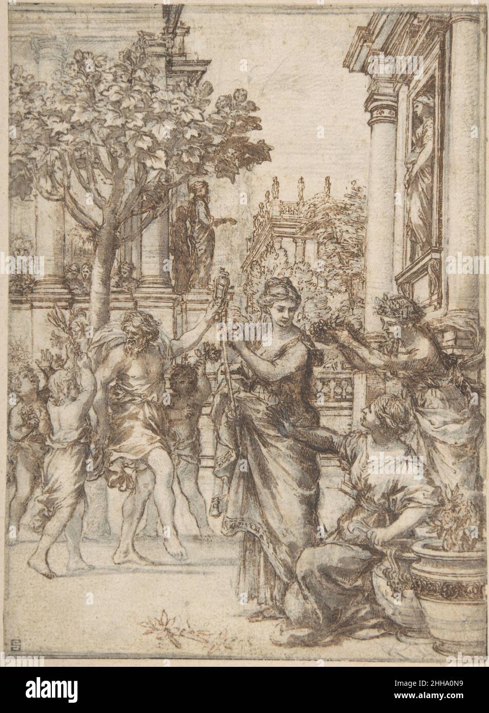 The Triumph of Nature Over Art (design for an engraving of 'De Florum Cultura') ca. 1633 Pietro da Cortona (Pietro Berrettini) Italian This drawing by the Baroque master Pietro da Cortona is a design for one of the illustrations in a treatise on gardening written by the Jesuit professor, Giovanni Battista Ferrari (1584-1655). The book, titled 'De Florum Cultura' (Rome, 1633), published this design engraved in reverse by Johann Friedrich Greuter (1590-1662). The artist illustrated an allegorical passage in Ferrari's text that tells of a contest between Nature and Art. Art, kneeling at the right Stock Photo